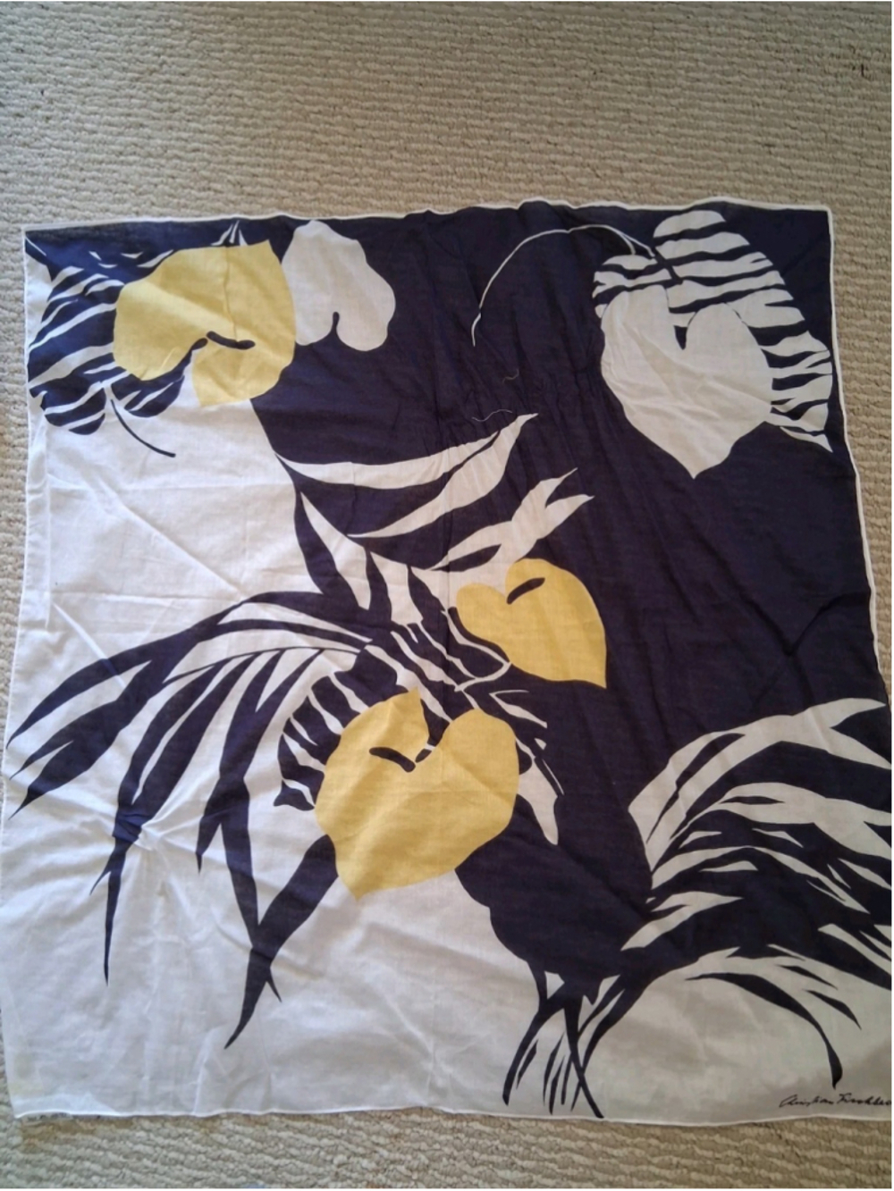 Christian Fischbacher Cotton Scarf Vintage Swiss Leaf Design